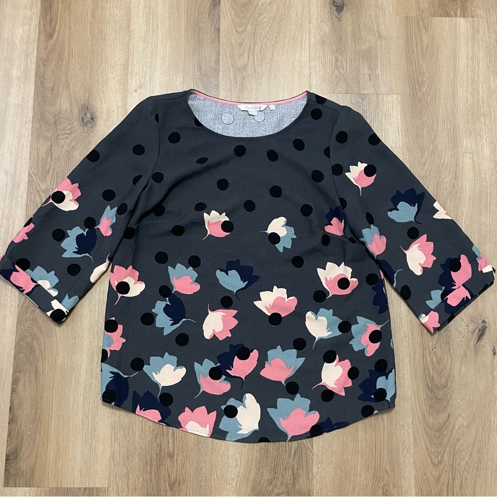 Boden Rachel Blouse Gray Floral Polka Dot 3/4 Sleeve Shirt Top in Size 8